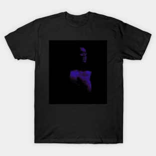 Portrait, digital collage, special processing. Beautiful girl in dark place. Breasts in bra. Violet and blue. T-Shirt